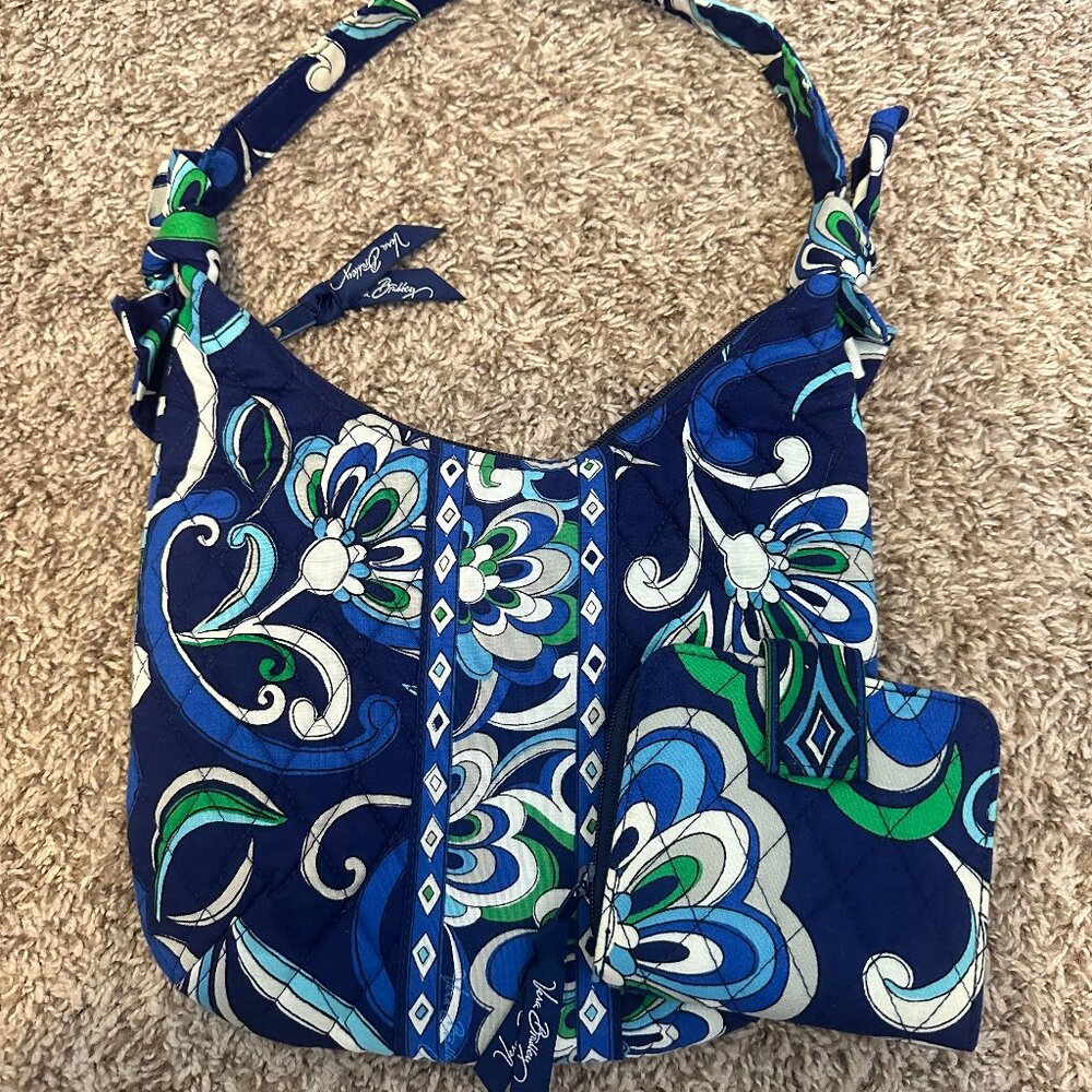 Vera Bradley Mediterranean Blue Purse & Wallet Set Quilted Cotton Shoulder Bag